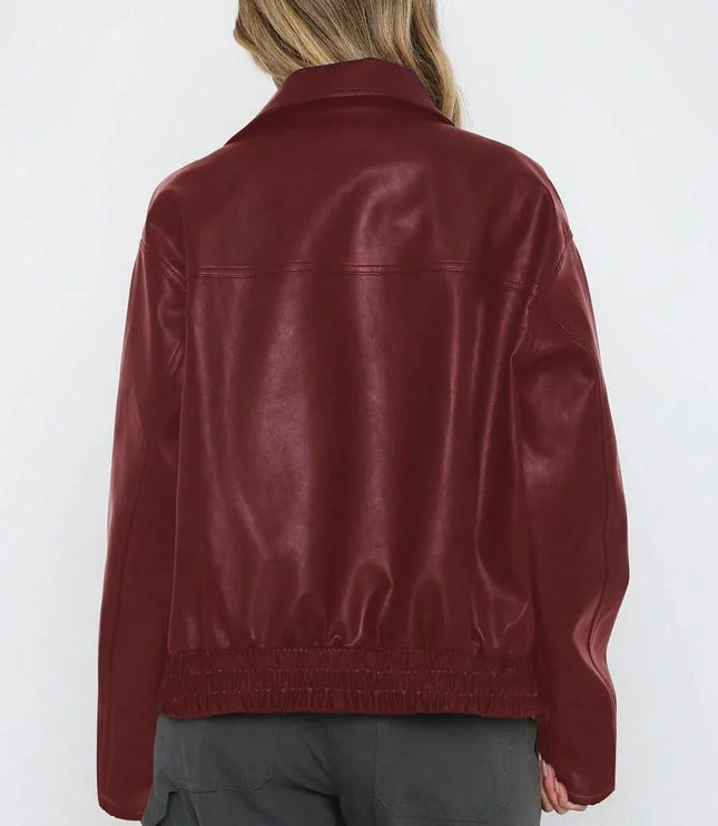 Women's Oversized Zip Jacket, Gathered Hem Faux Leather