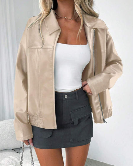 Women's Oversized Zip Jacket, Gathered Hem Faux Leather