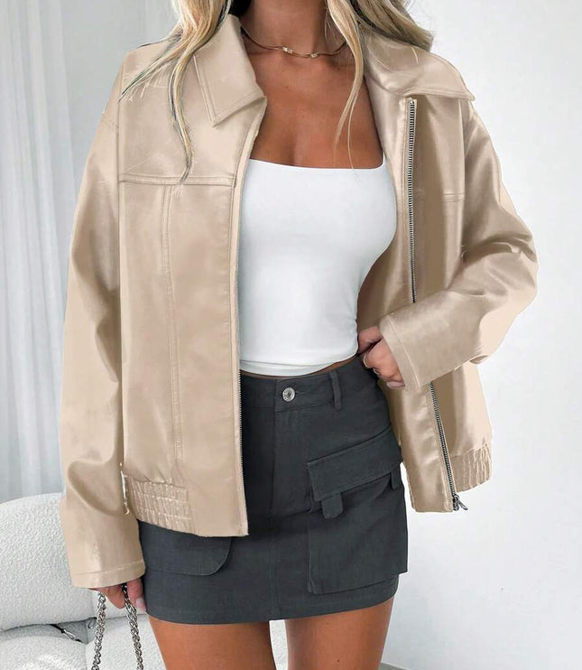 Women's Oversized Zip Jacket, Gathered Hem Faux Leather