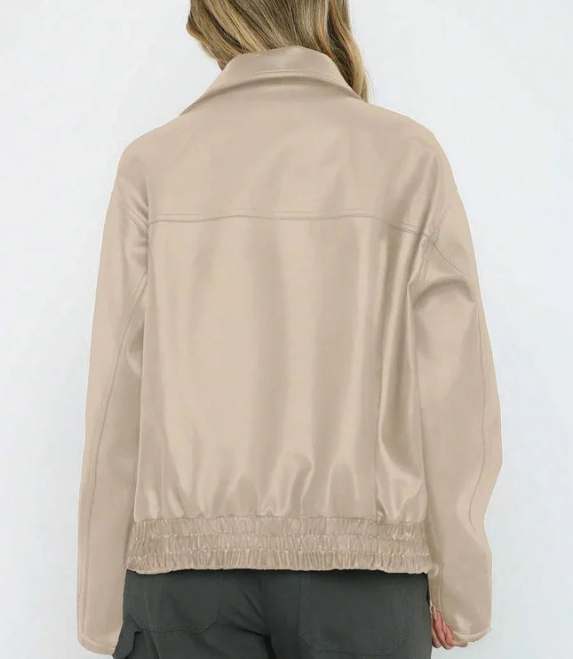 Women's Oversized Zip Jacket, Gathered Hem Faux Leather