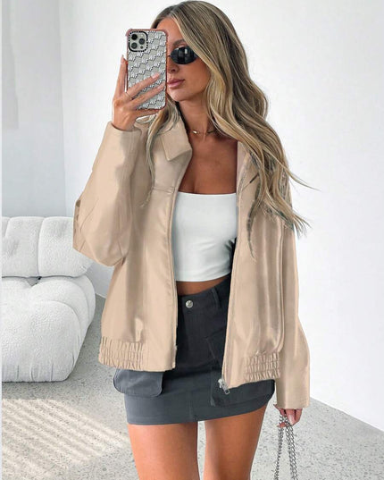 Women's Oversized Zip Jacket, Gathered Hem Faux Leather