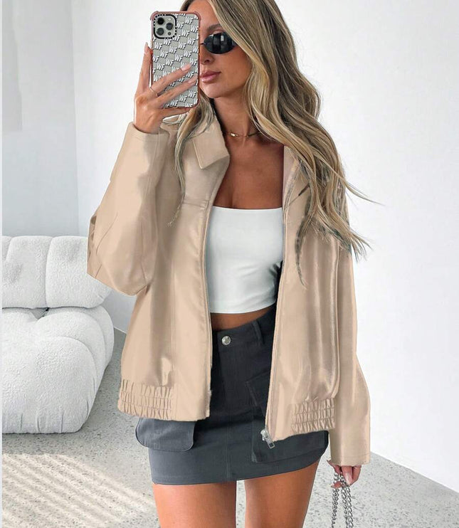 Women's Oversized Zip Jacket, Gathered Hem Faux Leather