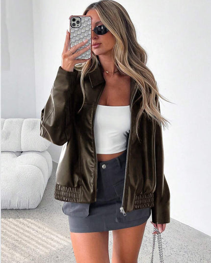 Women's Oversized Zip Jacket, Gathered Hem Faux Leather