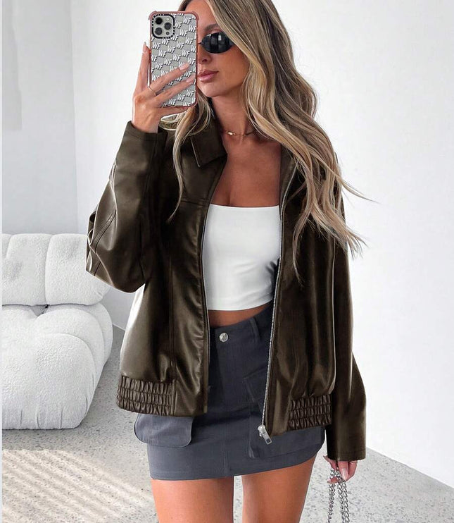 Women's Oversized Zip Jacket, Gathered Hem Faux Leather