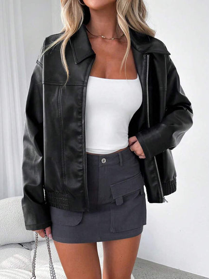 Women's Oversized Zip Jacket, Gathered Hem Faux Leather