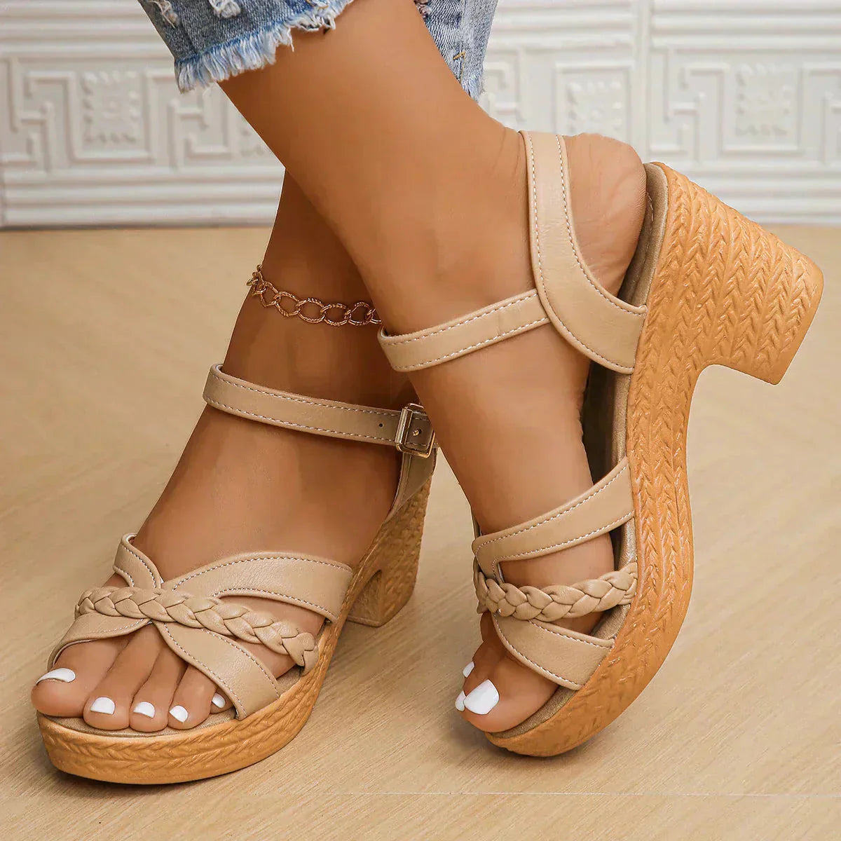 Beige suede platform block heel with braided detail and adjustable ankle strap