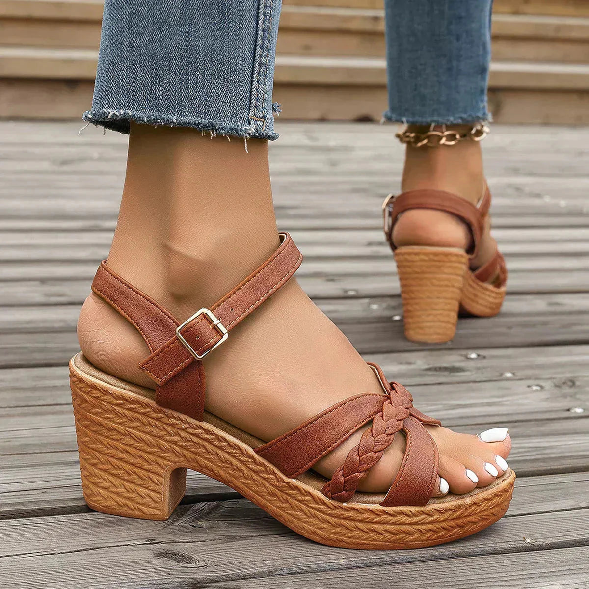 Rust suede platform block heel with braided toe straps and ankle buckle