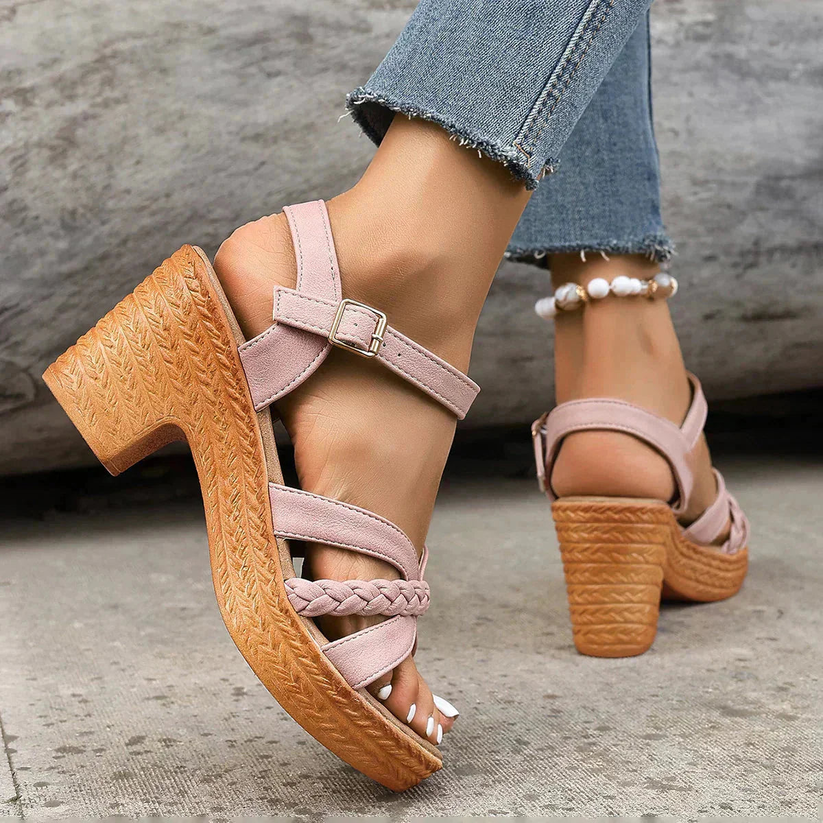 Mauve suede platform sandal with braided straps and adjustable ankle closure