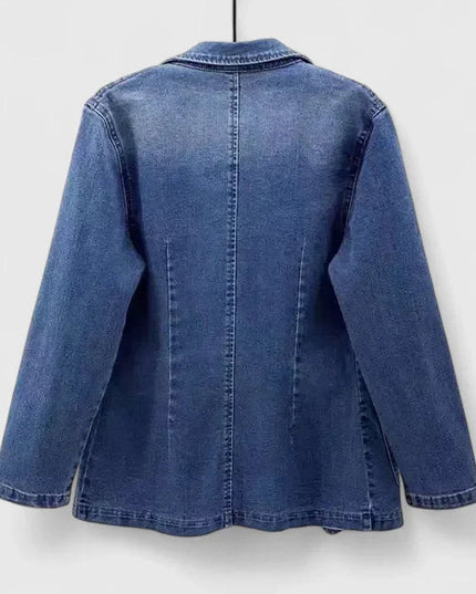 Women's Patch Pocket Denim Blazer Jacket with Single Button
