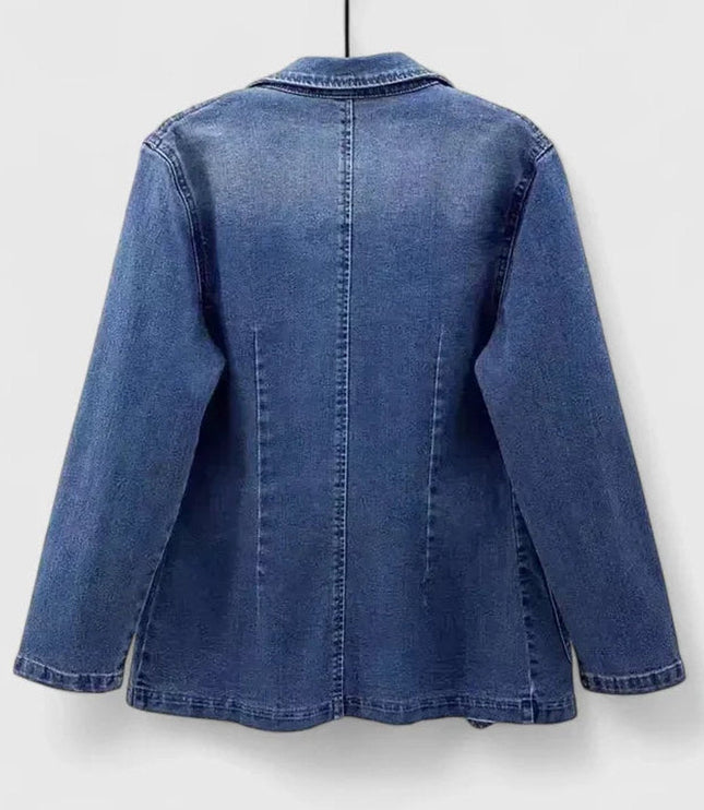 Women's Patch Pocket Denim Blazer Jacket with Single Button