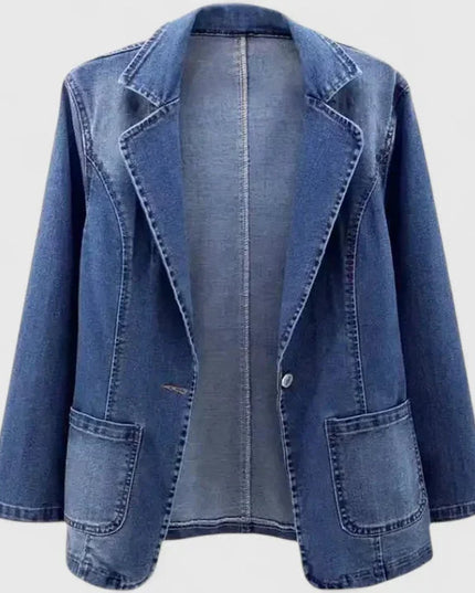 Women's Patch Pocket Denim Blazer Jacket with Single Button