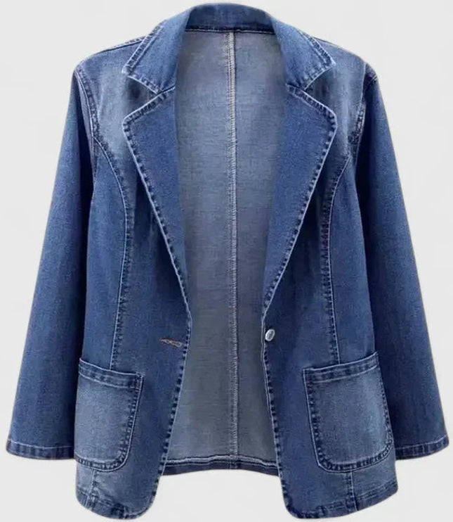 Women's Patch Pocket Denim Blazer Jacket with Single Button