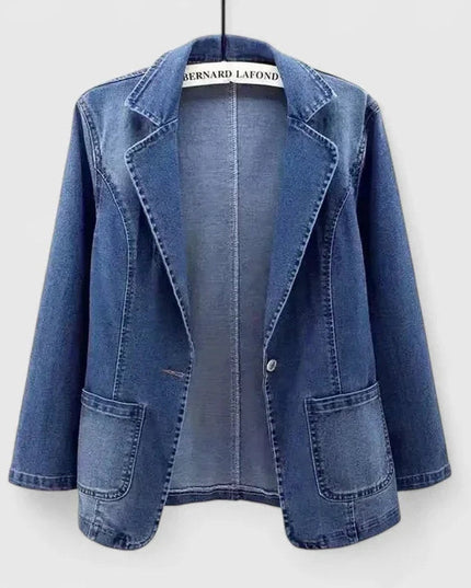 Women's Patch Pocket Denim Blazer Jacket with Single Button