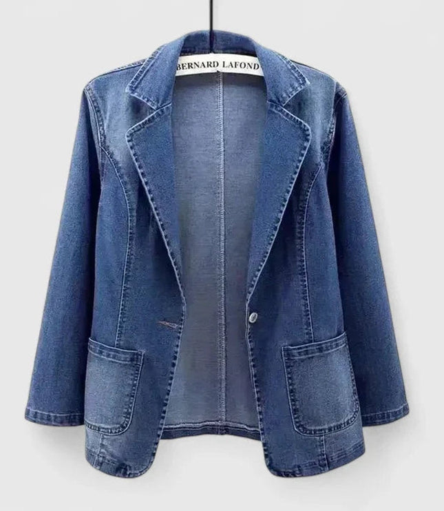 Women's Patch Pocket Denim Blazer Jacket with Single Button