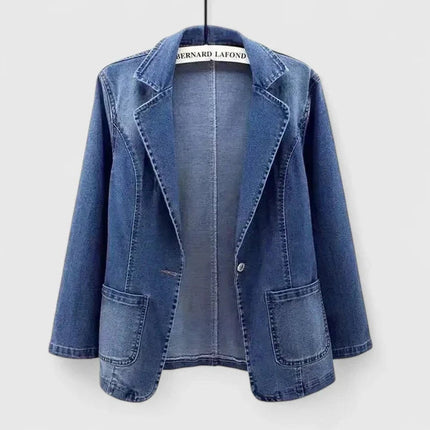 Women's Patch Pocket Denim Blazer Jacket with Single Button