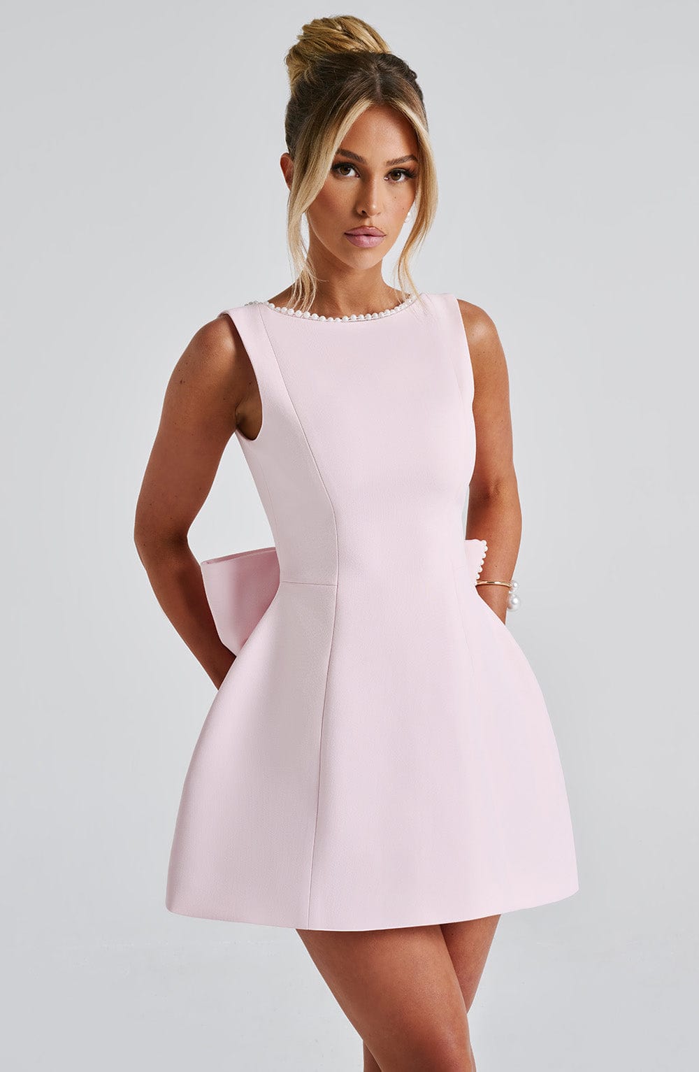 Women's Pearl Neck A-Line Mini Wedding Guest Dress