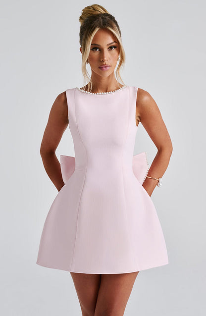 Women's Pearl Neck A-Line Mini Wedding Guest Dress