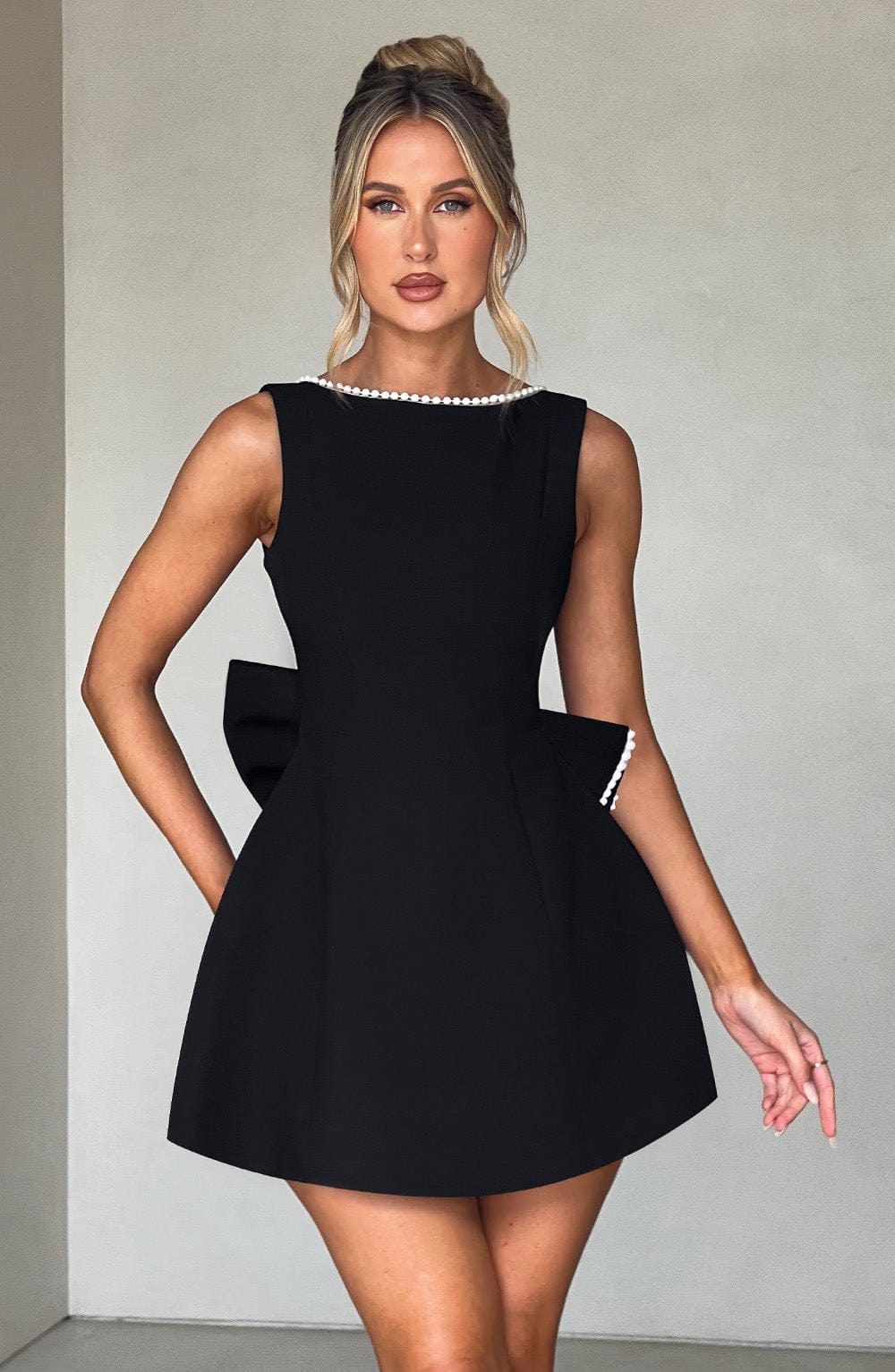 Women's Pearl Neck A-Line Mini Wedding Guest Dress