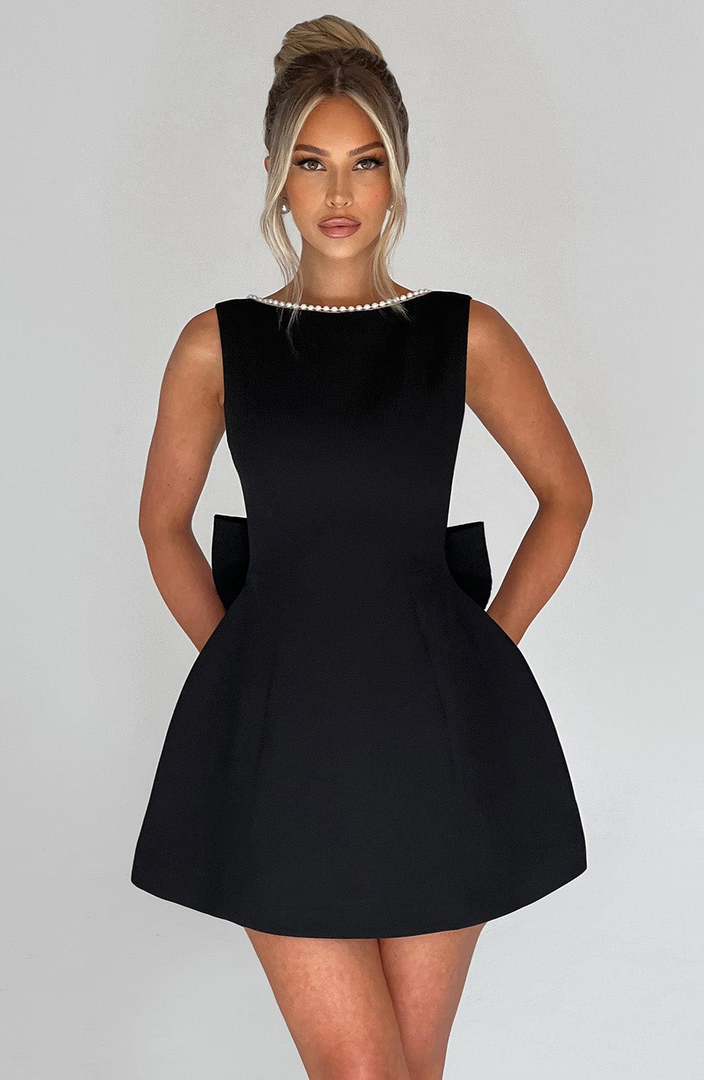 Women's Pearl Neck A-Line Mini Wedding Guest Dress
