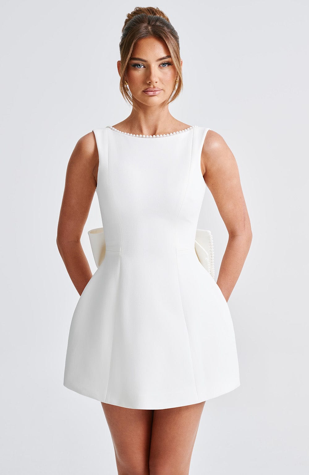 Women's Pearl Neck A-Line Mini Wedding Guest Dress