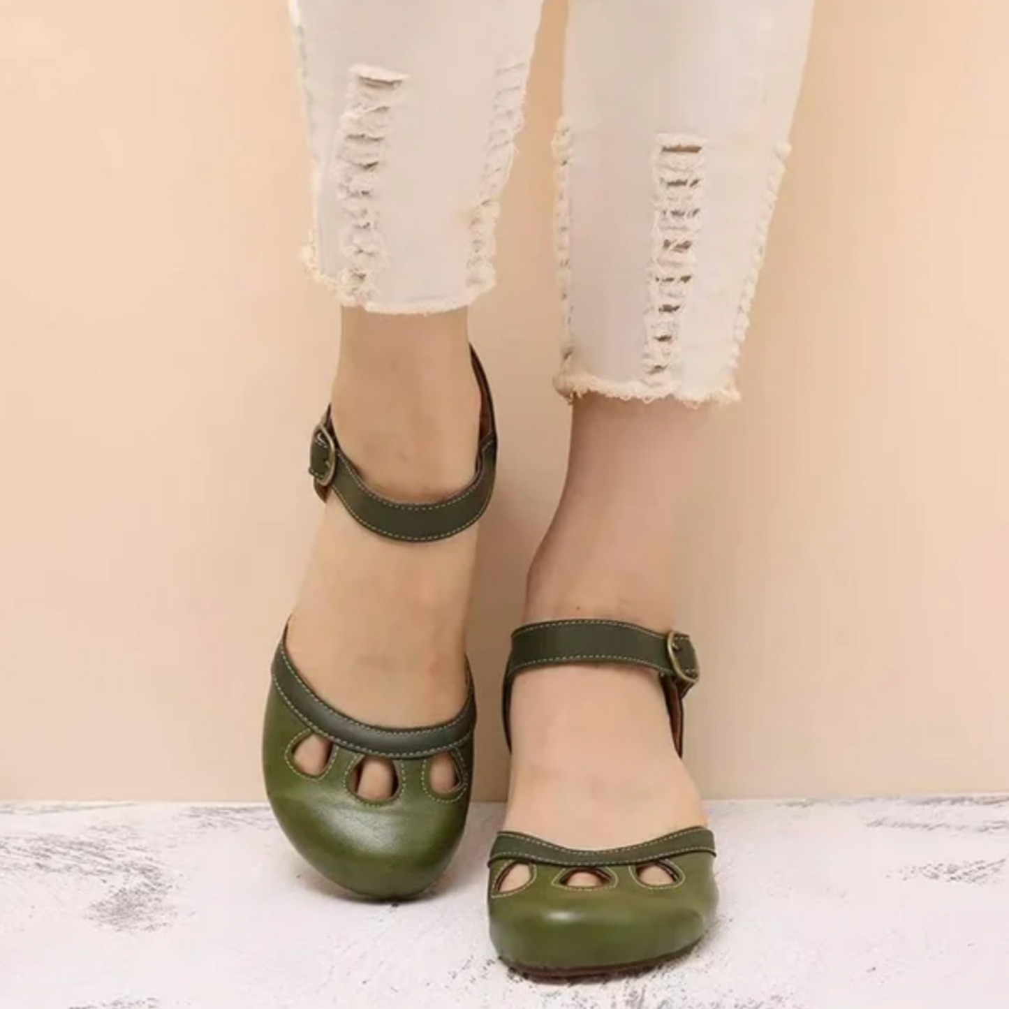 Olive green Mary Jane low heel sandals with cutout details and ankle strap