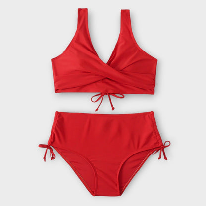 Red two-piece wrap bikini with crossover top and adjustable tie-side bottoms
