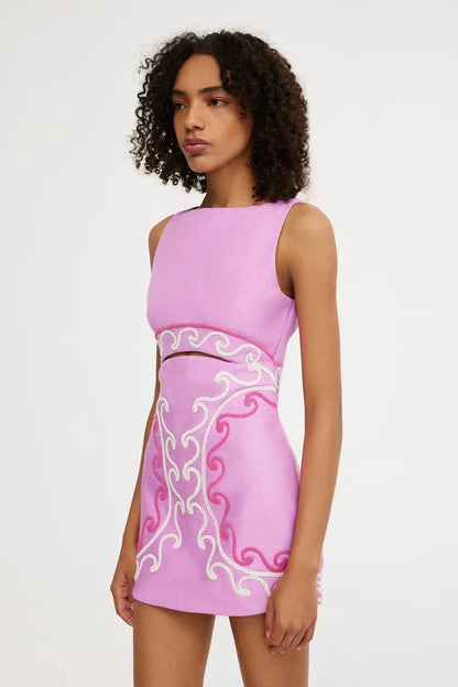 Women's Pink Embroidered Cut Out Bodycon Mini Dress