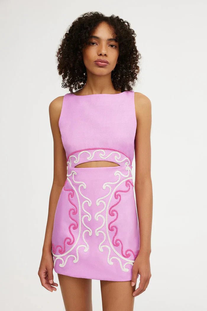 Women's Pink Embroidered Cut Out Bodycon Mini Dress
