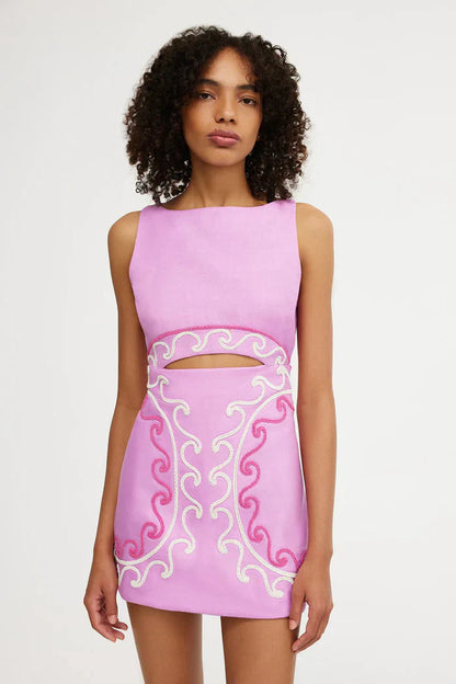 Women's Pink Embroidered Cut Out Bodycon Mini Dress
