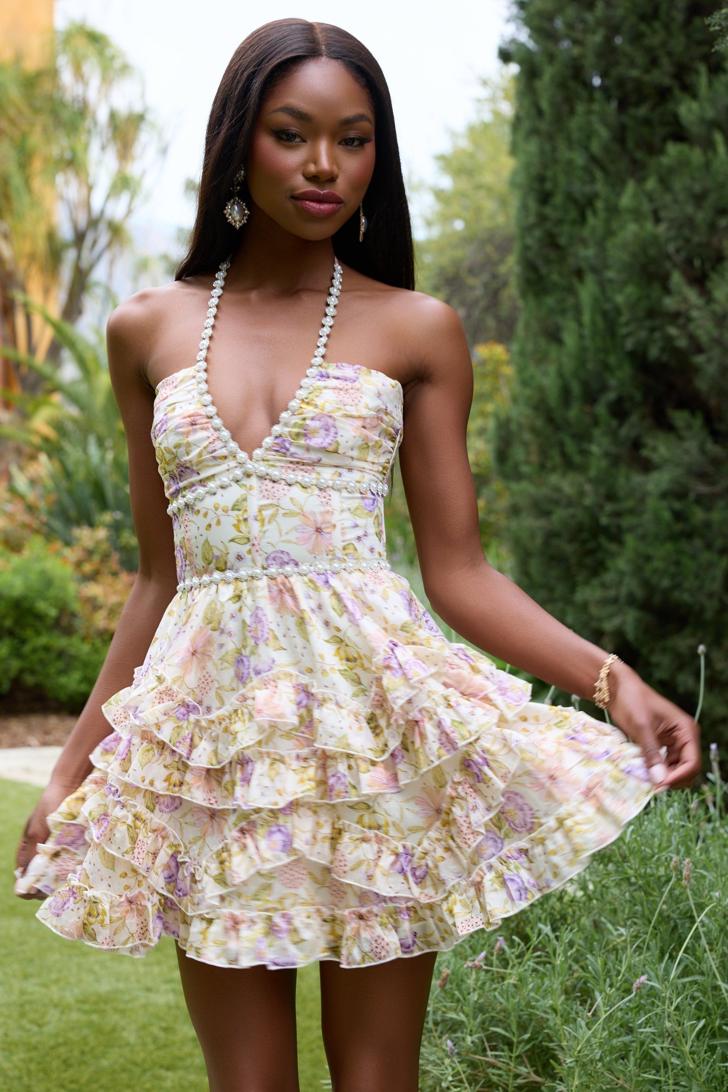 Women's Pink Floral Halter Neck Wedding Guest Mini Dress
