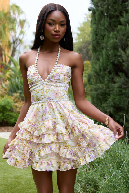 Women's Pink Floral Halter Neck Wedding Guest Mini Dress