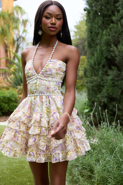 Women's Pink Floral Halter Neck Wedding Guest Mini Dress