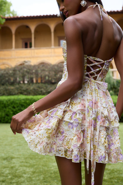 Women's Pink Floral Halter Neck Wedding Guest Mini Dress
