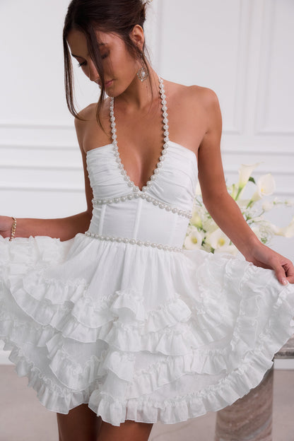 Women's Pink Floral Halter Neck Wedding Guest Mini Dress