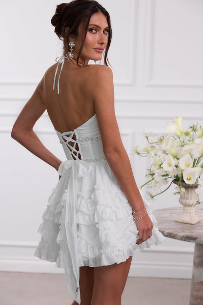 Women's Pink Floral Halter Neck Wedding Guest Mini Dress
