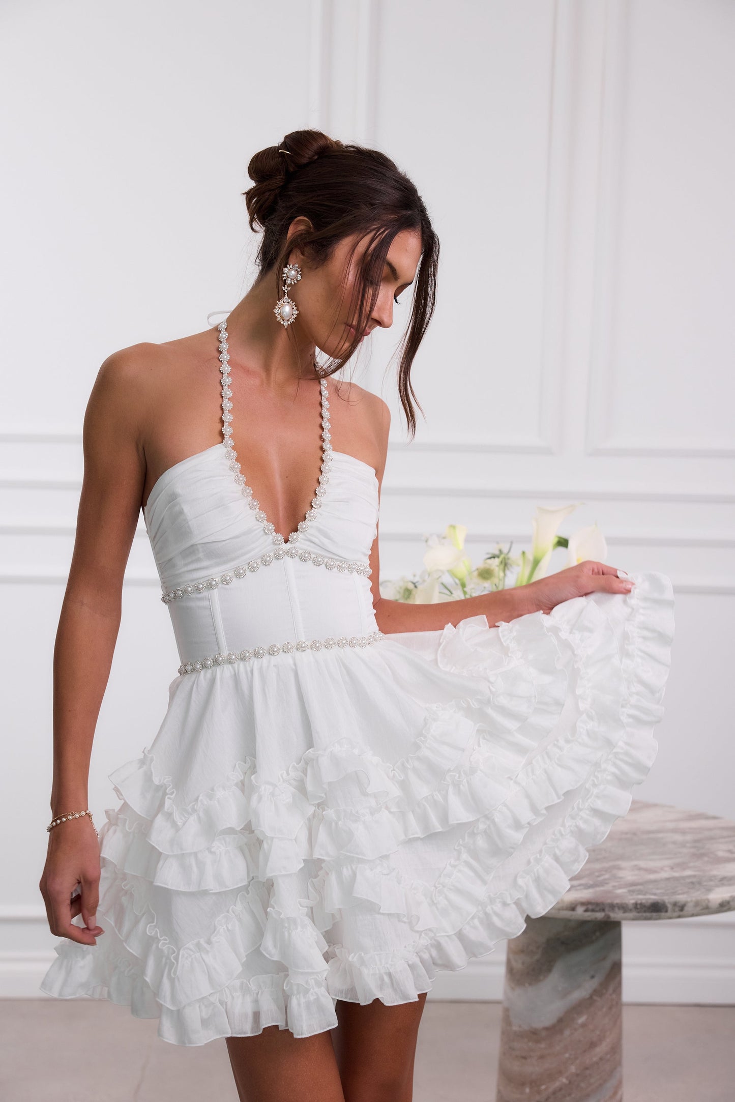 Women's Pink Floral Halter Neck Wedding Guest Mini Dress