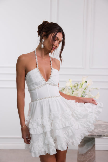 Women's Pink Floral Halter Neck Wedding Guest Mini Dress