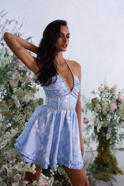 Women's Pink Floral Halter Neck Wedding Guest Mini Dress
