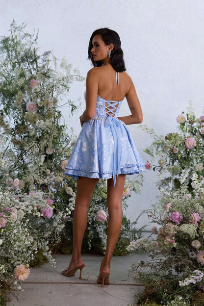 Women's Pink Floral Halter Neck Wedding Guest Mini Dress