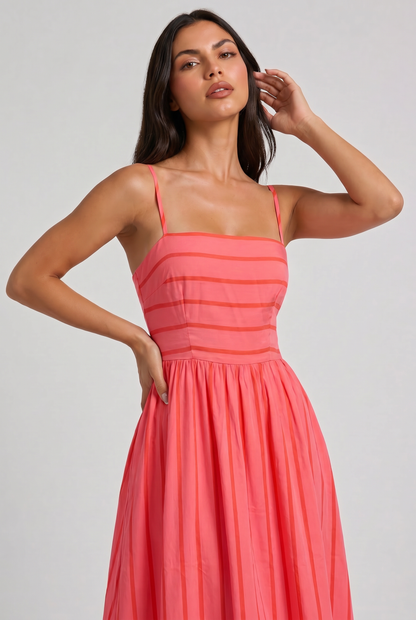 Women's Pink Floral V-Neck Cocktail Midi Dress for Summer