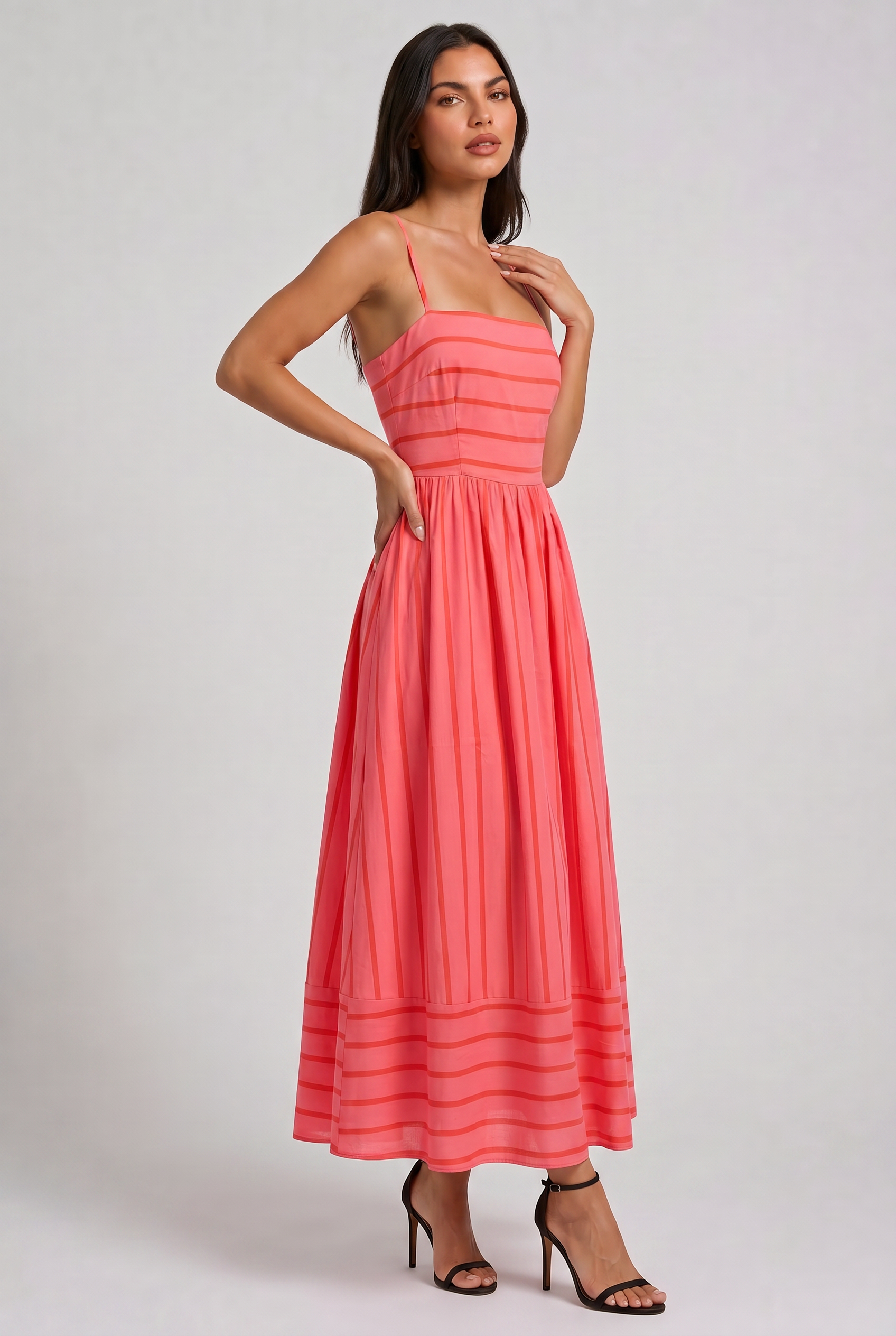 Women's Pink Floral V-Neck Cocktail Midi Dress for Summer