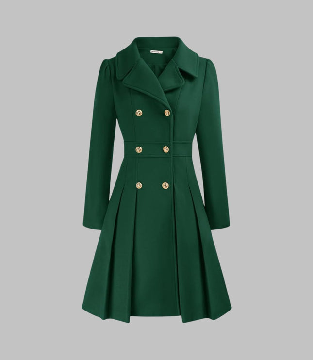 Women's Pleated A Line Coat, Double Breasted Long Sleeve