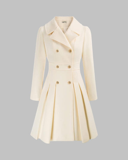 Women's Pleated A Line Coat, Double Breasted Long Sleeve