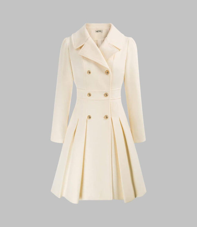 Women's Pleated A Line Coat, Double Breasted Long Sleeve