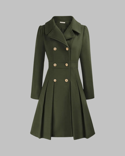 Women's Pleated A Line Coat, Double Breasted Long Sleeve