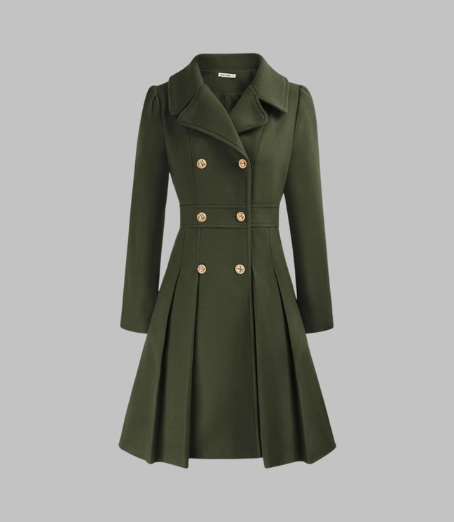 Women's Pleated A Line Coat, Double Breasted Long Sleeve