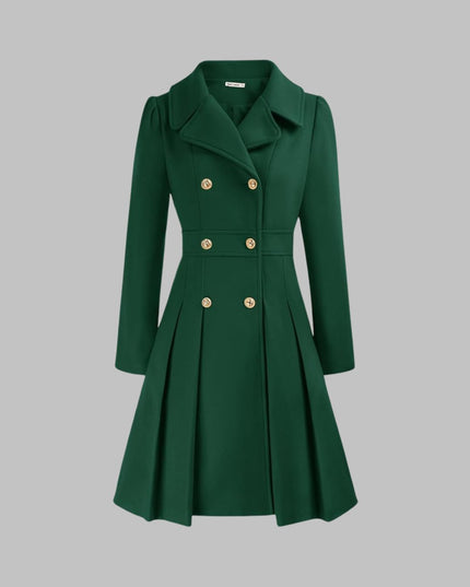 Women's Pleated A Line Coat, Double Breasted Long Sleeve