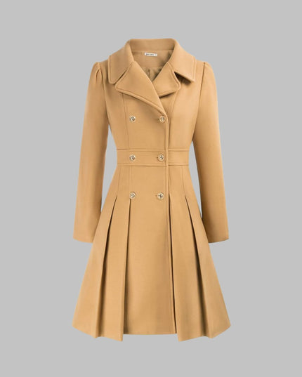 Women's Pleated A Line Coat, Double Breasted Long Sleeve