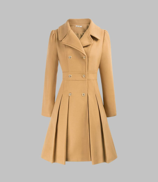 Women's Pleated A Line Coat, Double Breasted Long Sleeve