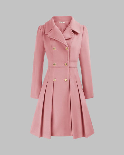 Women's Pleated A Line Coat, Double Breasted Long Sleeve